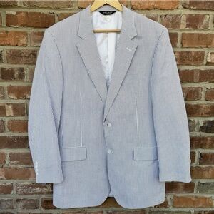 Jos A Bank Seersucker Blazer Jacket Mens 44L Blue Stripe Stays Cool Sports Coat